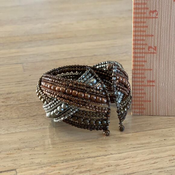 Vintage Boho Bronze Beaded Wrap Cuff Bracelet Multistrand Metal Festival Jewelry - Picture 7 of 8
